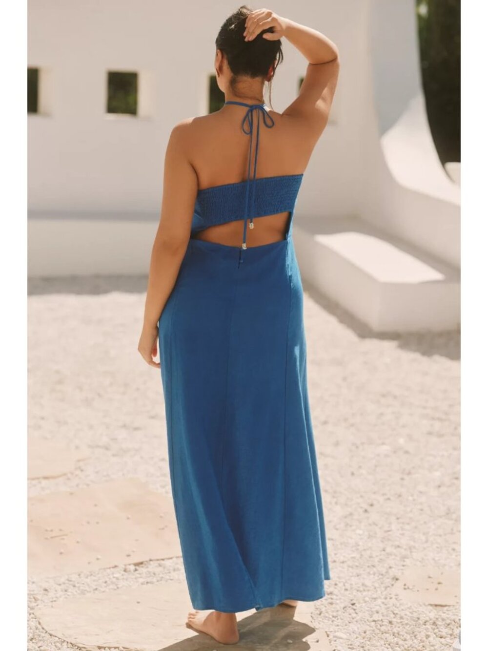 Anthropologie Celandine Linen Halter Side-Slit Maxi Dress Blue Beaded XL - Picture 5 of 5